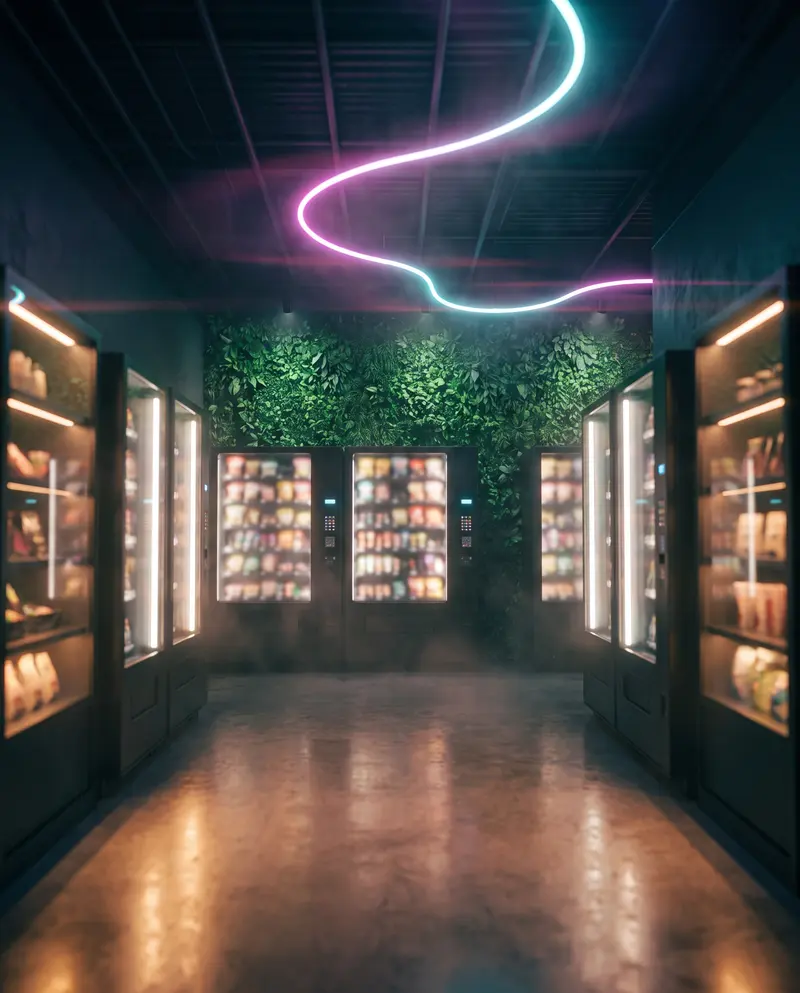Blick in den Topshop24 bei Nacht — beleuchtete Automaten, Grünwand und die Neonlinie an der Decke